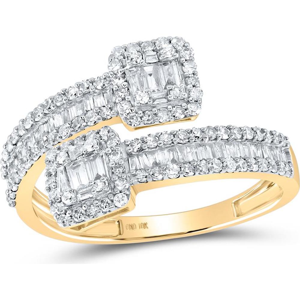 10K Yellow Gold Baguette and Round Diamond Cuff Band Ring - 1 Carat Total Diamond Weight
