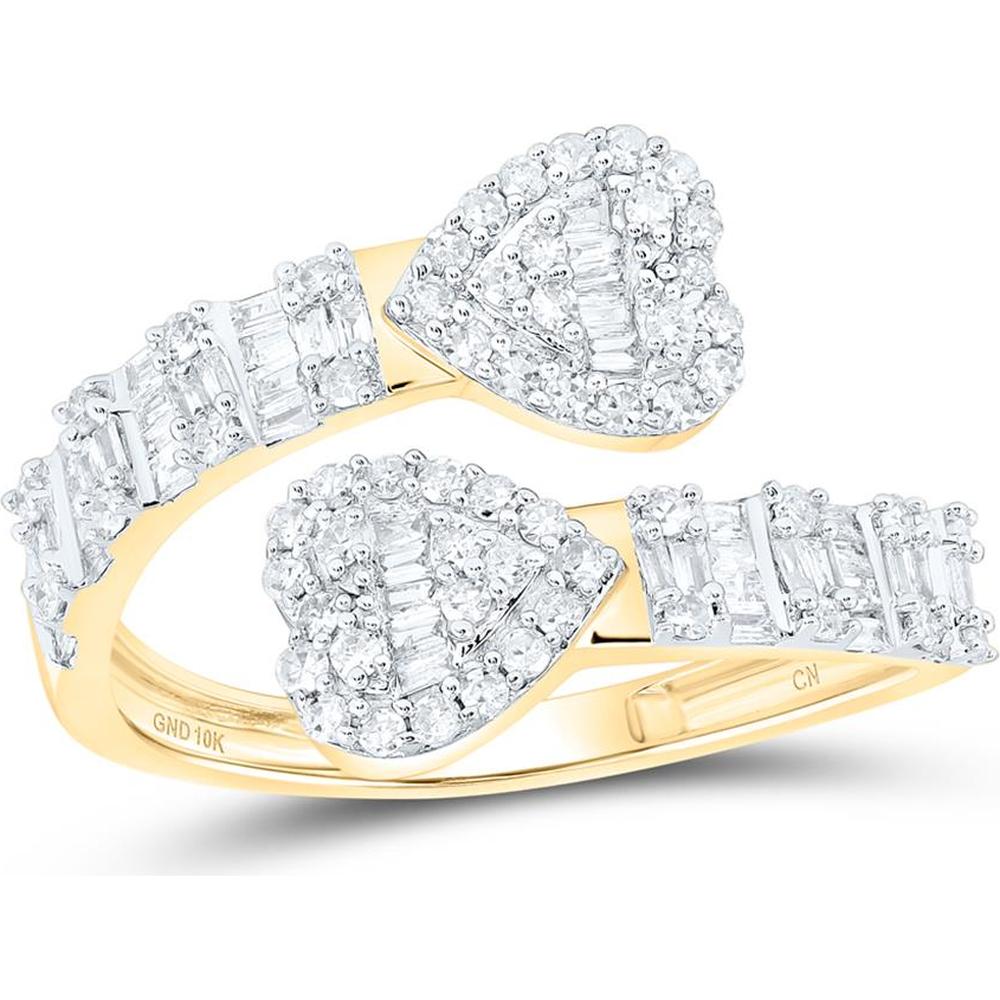 10K Yellow Gold Baguette and Round Diamond Cuff Bypass Heart Ring - 5/8 Carat Total Diamond Weight