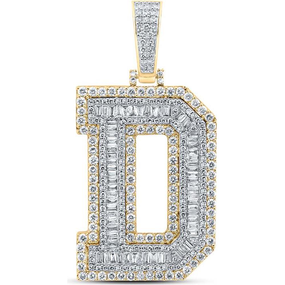 10K Yellow Gold Baguette and Round Diamond "D" Initial Charm Pendant - 3.33 Carat Total Diamond Weight