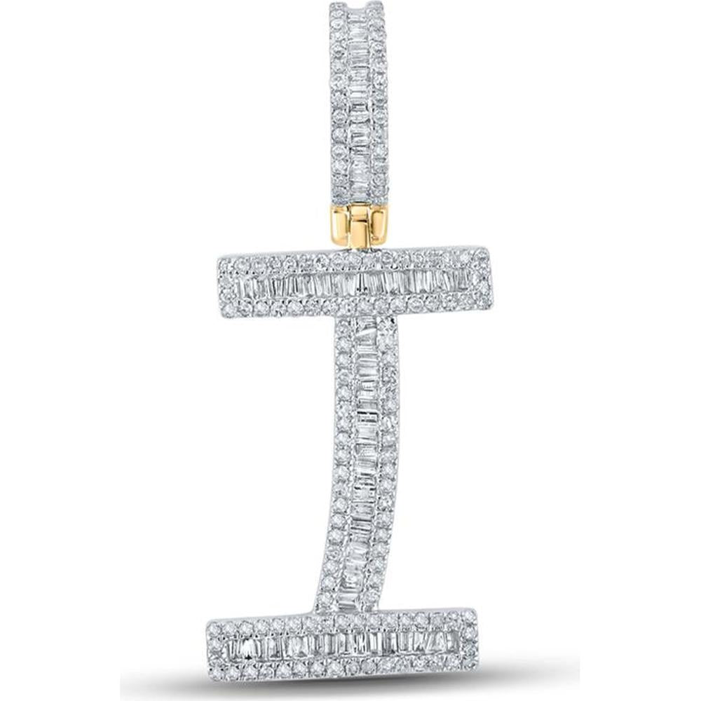 10K Yellow Gold Baguette and Round Diamond "I" Initial Charm Pendant - 3/4 Carat Total Diamond Weight
