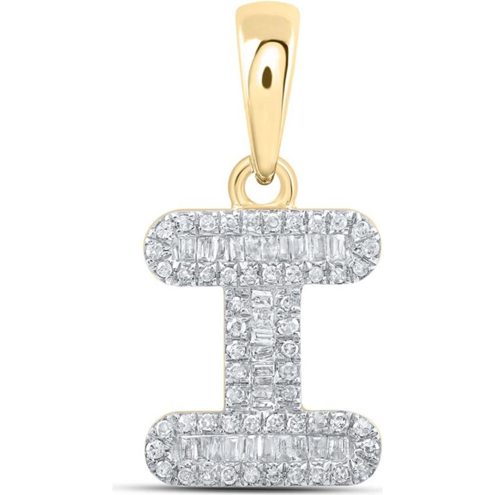 10K Yellow Gold Baguette and Round Diamond "I" Initial Pendant - 1/3 Carat Total Diamond Weight