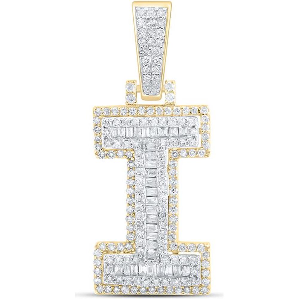 10K Yellow Gold Baguette and Round Diamond "I" Initial Pendant - 5/8 Carat Total Diamond Weight