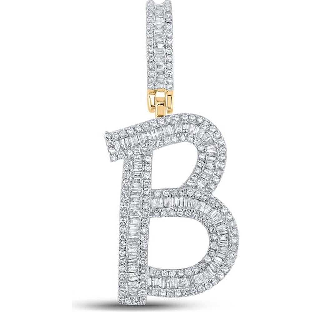 10K Yellow Gold Baguette and Round Diamond Initial B Pendant - 1 Carat Total Diamond Weight