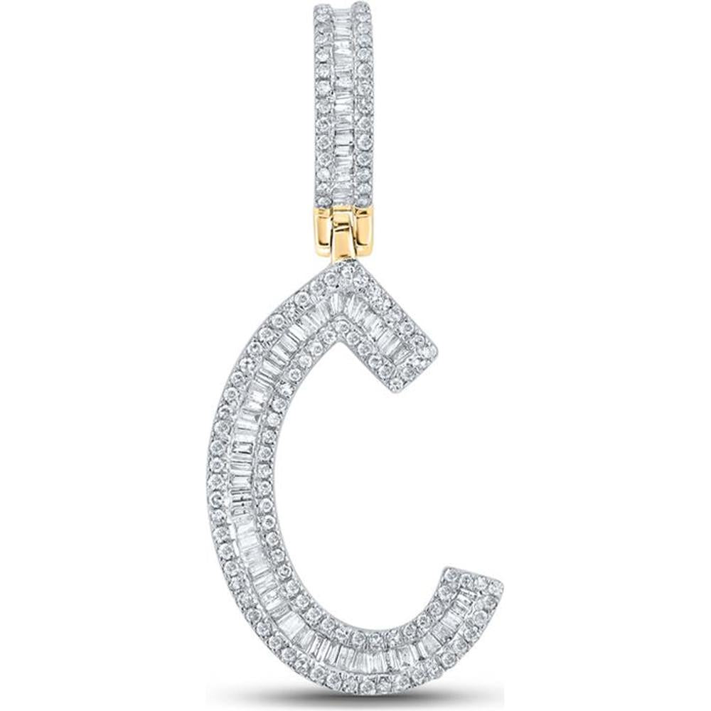 10K Yellow Gold Baguette and Round Diamond Initial C Charm Pendant - 3/4 Carat Total Diamond Weight