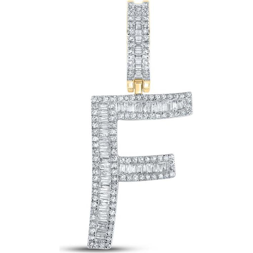 10K Yellow Gold Baguette and Round Diamond Initial "F" Pendant Charm - 3/4 Carat Total Diamond Weight
