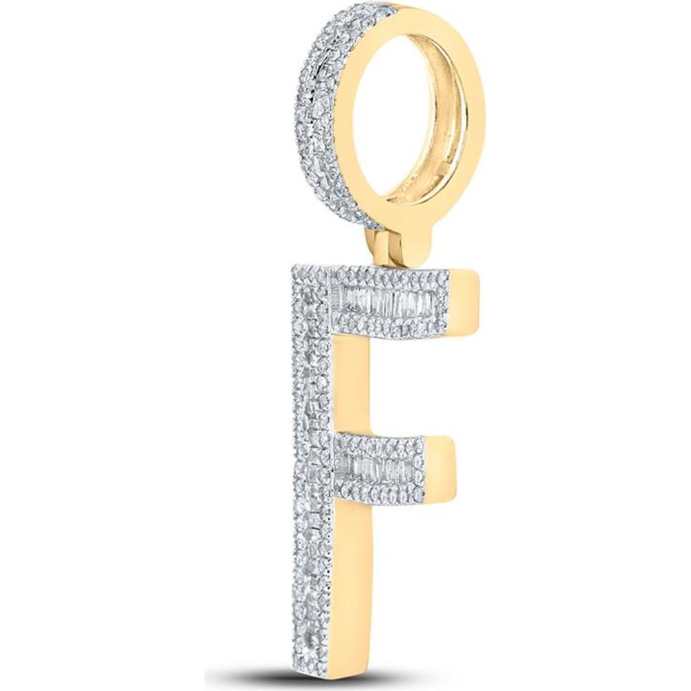 10K Yellow Gold Baguette and Round Diamond Initial "F" Pendant Charm - 3/4 Carat Total Diamond Weight