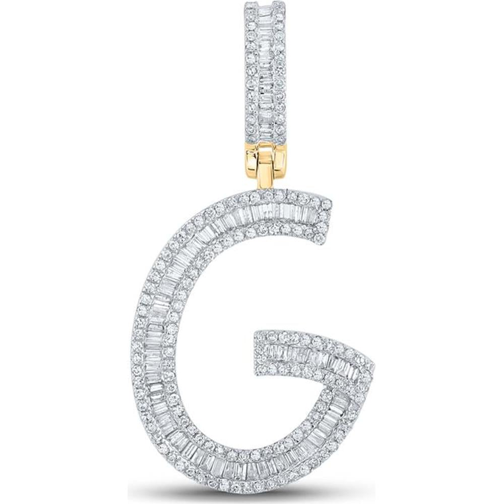 10K Yellow Gold Baguette and Round Diamond Initial G Charm Pendant - 3/4 Carat Total Diamond Weight