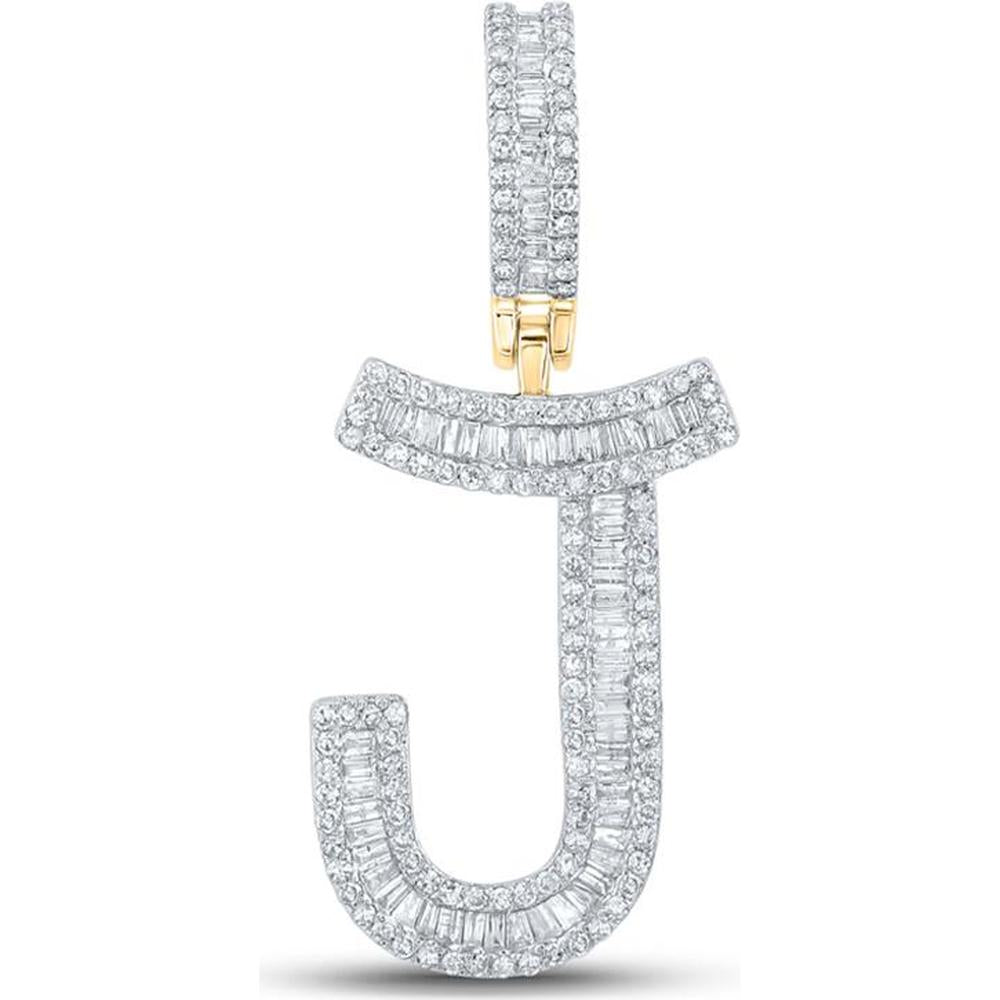 10K Yellow Gold Baguette and Round Diamond Initial "J" Charm Pendant - 3/4 Carat Total Diamond Weight