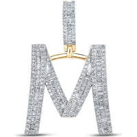10K Yellow Gold Baguette and Round Diamond Initial M Pendant - 1 Carat Total Diamond Weight