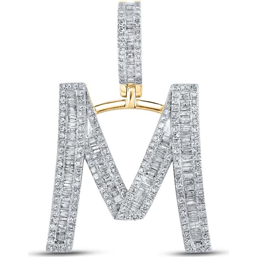 10K Yellow Gold Baguette and Round Diamond Initial M Pendant - 1 Carat Total Diamond Weight