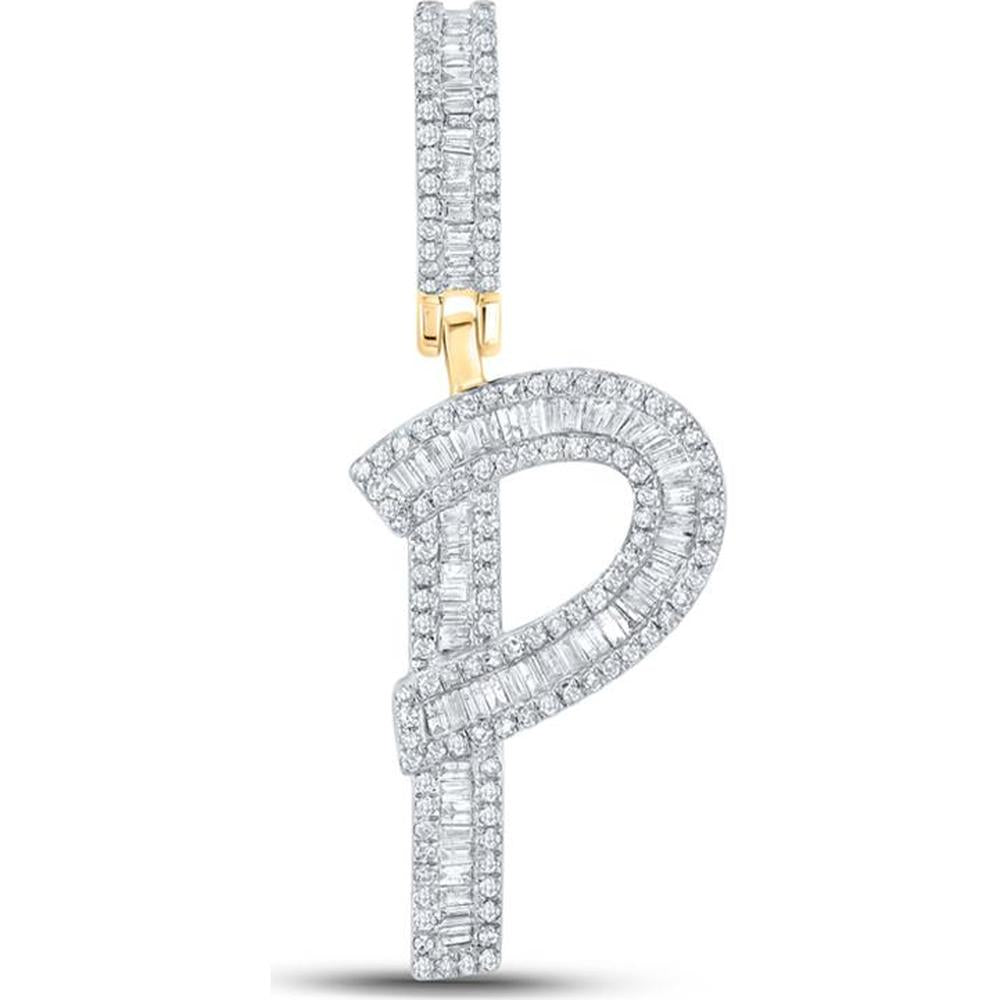 10K Yellow Gold Baguette and Round Diamond Initial P Pendant - 3/4 Carat Total Diamond Weight