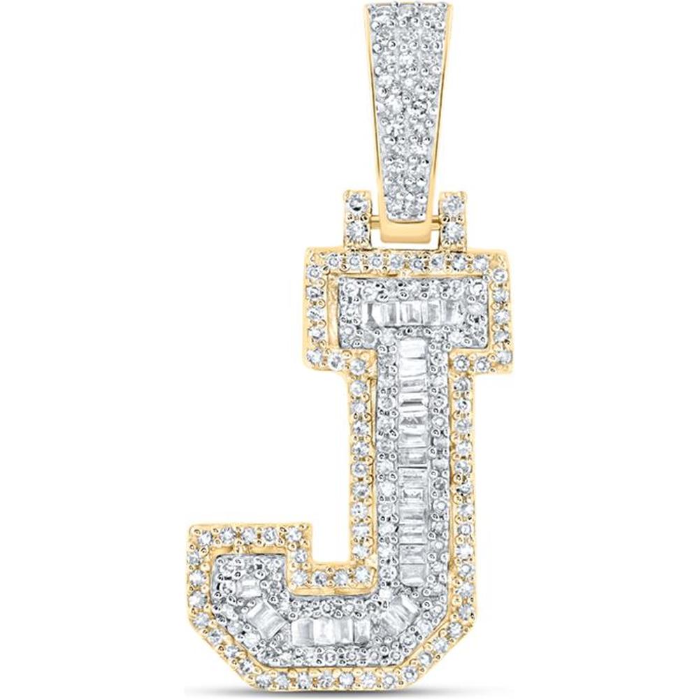 10K Yellow Gold Baguette and Round Diamond "J" Initial Charm Pendant - 1/2 Carat Total Diamond Weight