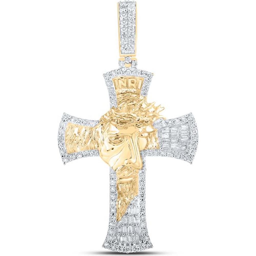 10K Yellow Gold Baguette and Round Diamond Jesus Face Cross Pendant - 1 Carat Total Diamond Weight