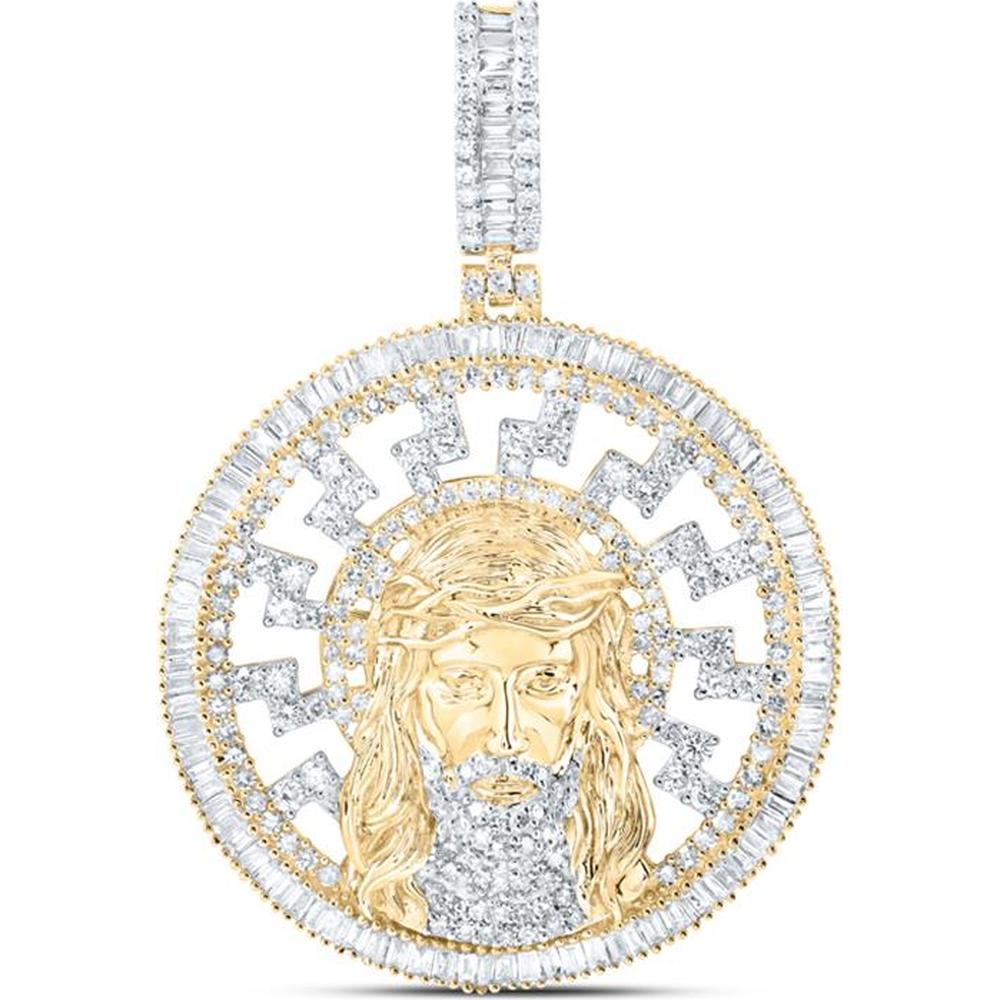 10K Yellow Gold Baguette and Round Diamond Jesus Medallion Circle Charm Pendant - 2.75 Carat Total Diamond Weight