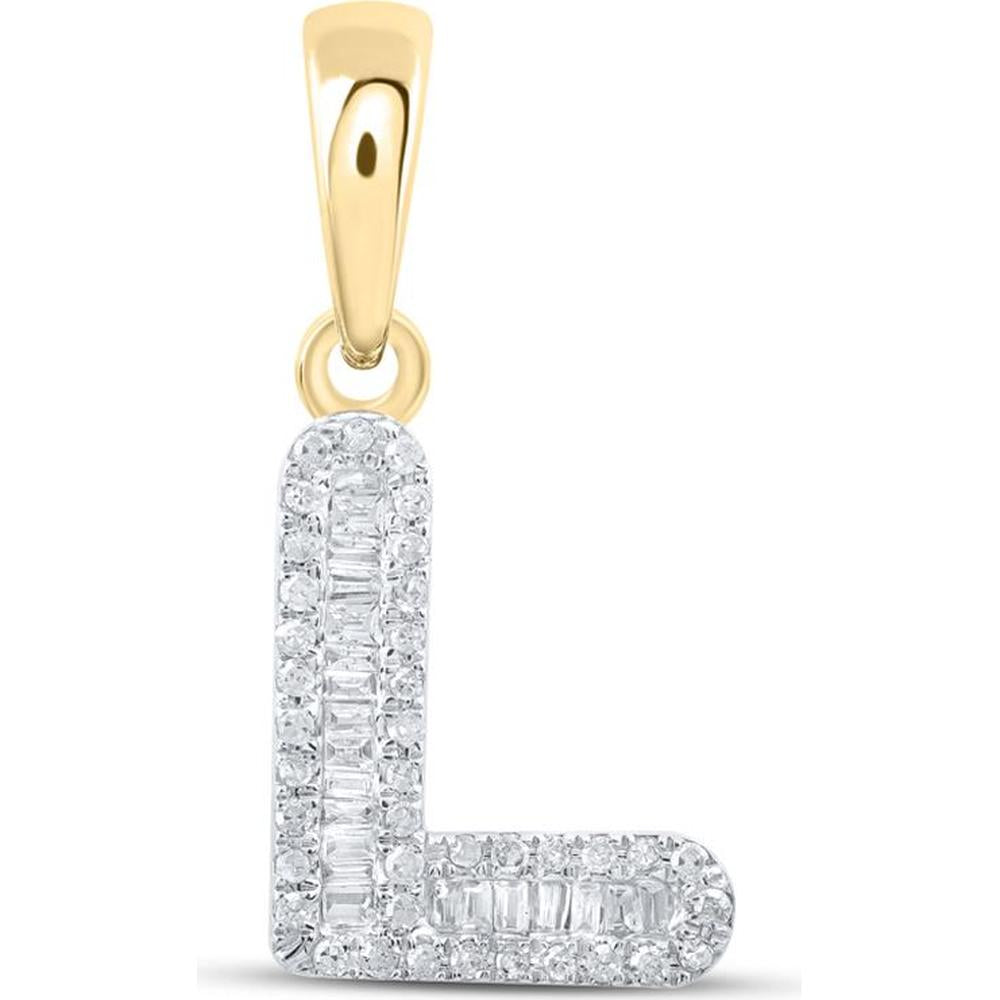 10K Yellow Gold Baguette and Round Diamond L Initial Pendant - 1/4 Carat Total Diamond Weight