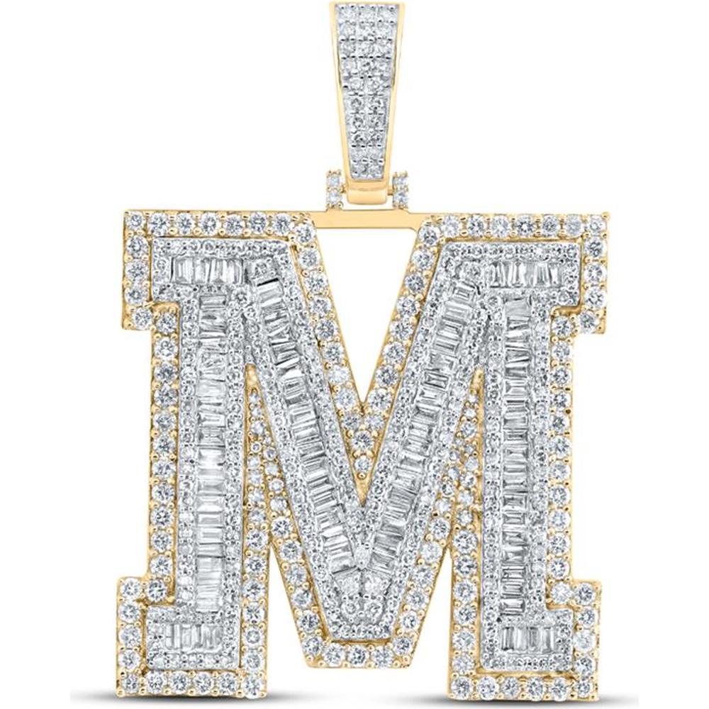 10K Yellow Gold Baguette and Round Diamond "M" Initial Letter Pendant - 4.38 Carat Total Carat Weight