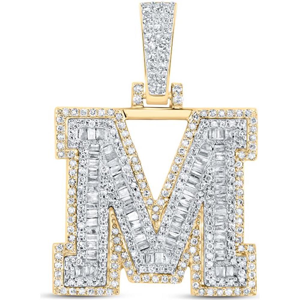 10K Yellow Gold Baguette and Round Diamond M Initial Pendant - 7/8 Carat Total Diamond Weight