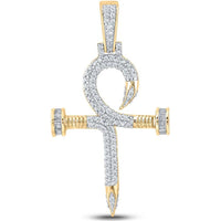 10K Yellow Gold Baguette and Round Diamond Nail Cross Ankh Charm Pendant - 3/4 Carat Total Diamond Weight