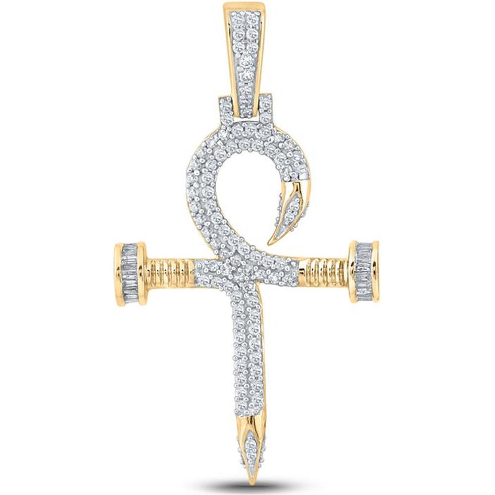 10K Yellow Gold Baguette and Round Diamond Nail Cross Ankh Charm Pendant - 3/4 Carat Total Diamond Weight