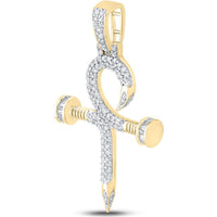 10K Yellow Gold Baguette and Round Diamond Nail Cross Ankh Charm Pendant - 3/4 Carat Total Diamond Weight