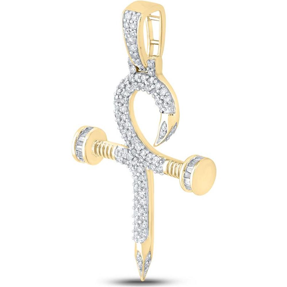 10K Yellow Gold Baguette and Round Diamond Nail Cross Ankh Charm Pendant - 3/4 Carat Total Diamond Weight