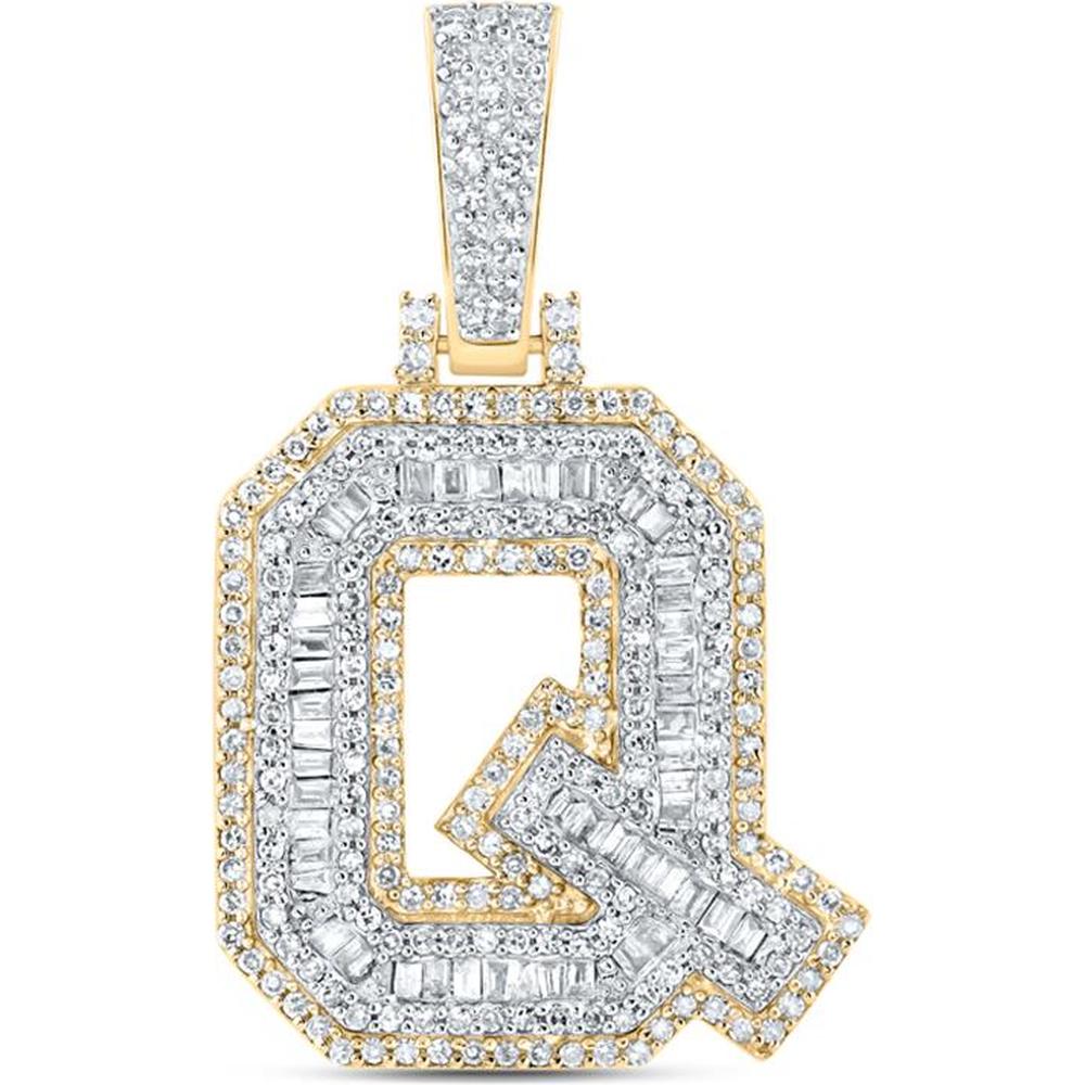 10K Yellow Gold Baguette and Round Diamond Q Initial Charm Pendant - 3/4 Carat Total Diamond Weight