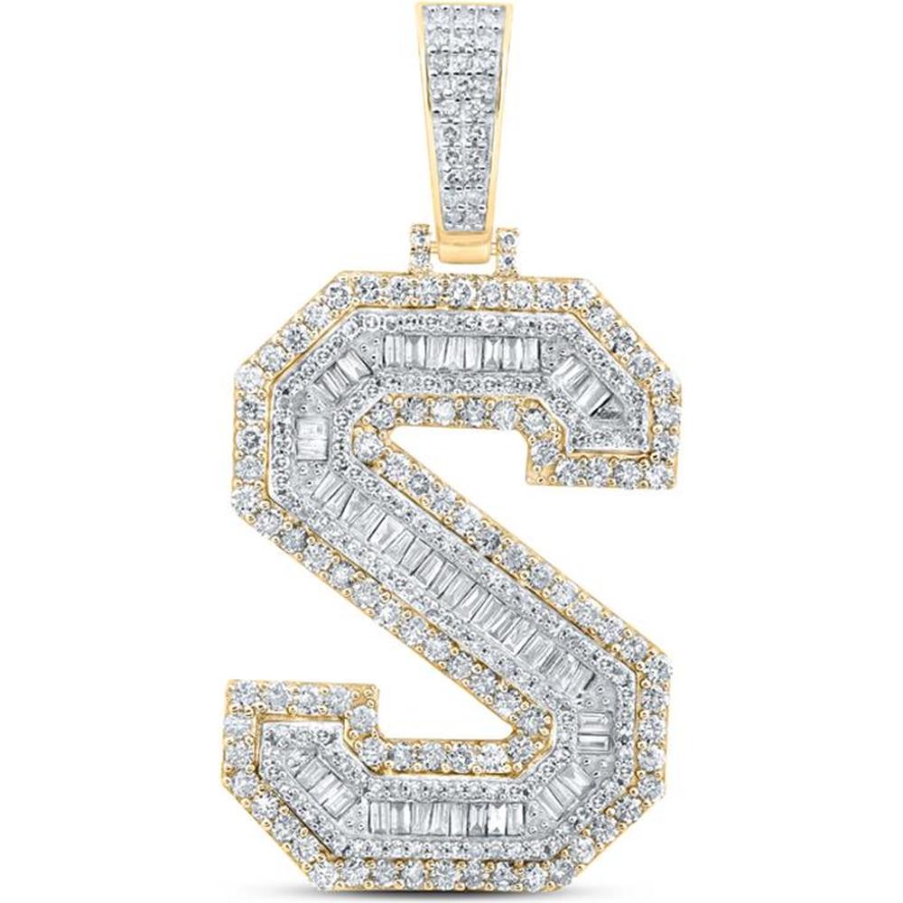10K Yellow Gold Baguette and Round Diamond "S" Initial Pendant - 2.74 Carat Total Diamond Weight