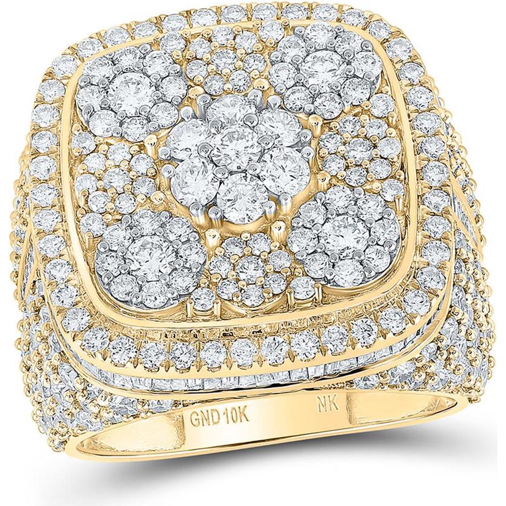 10K Yellow Gold Baguette and Round Diamond Square Flower Cluster Ring - 5.25 Carat Total Diamond Weight