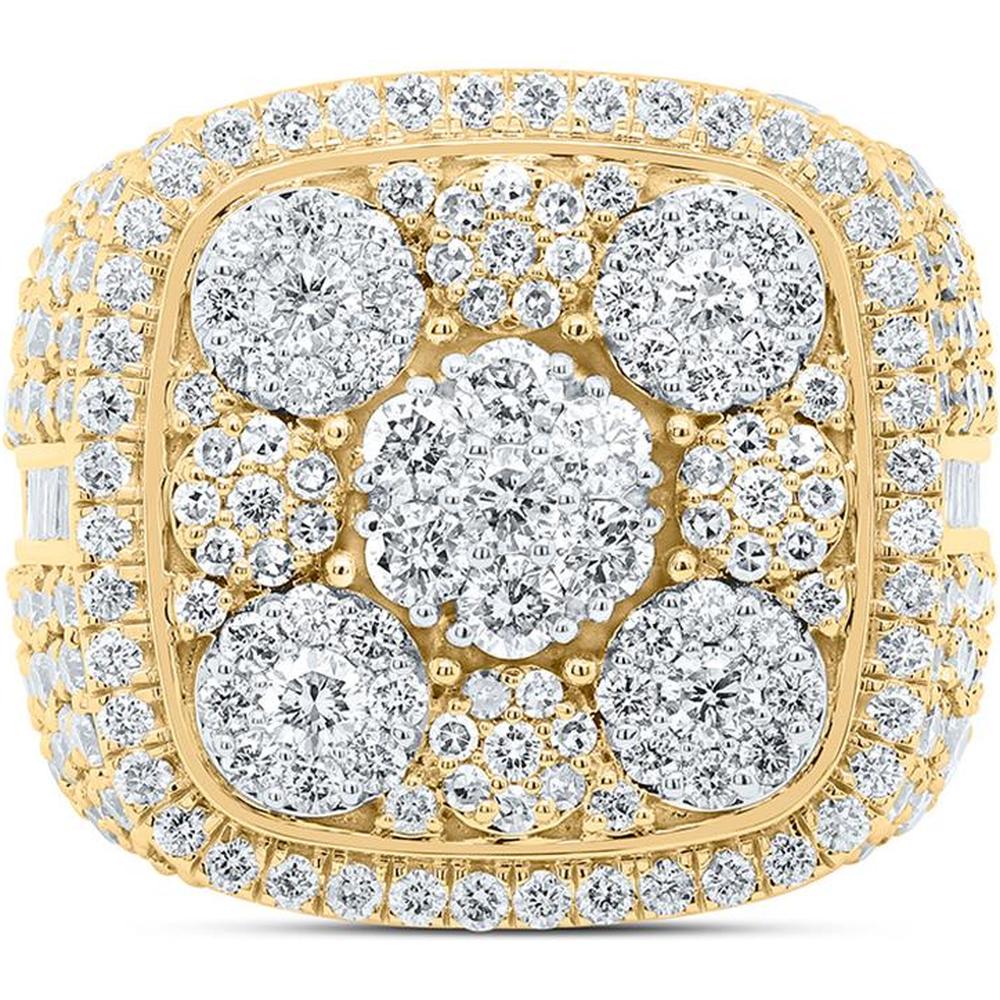 10K Yellow Gold Baguette and Round Diamond Square Flower Cluster Ring - 5.25 Carat Total Diamond Weight