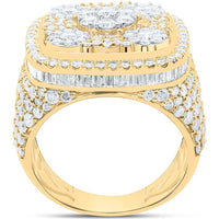10K Yellow Gold Baguette and Round Diamond Square Flower Cluster Ring - 5.25 Carat Total Diamond Weight