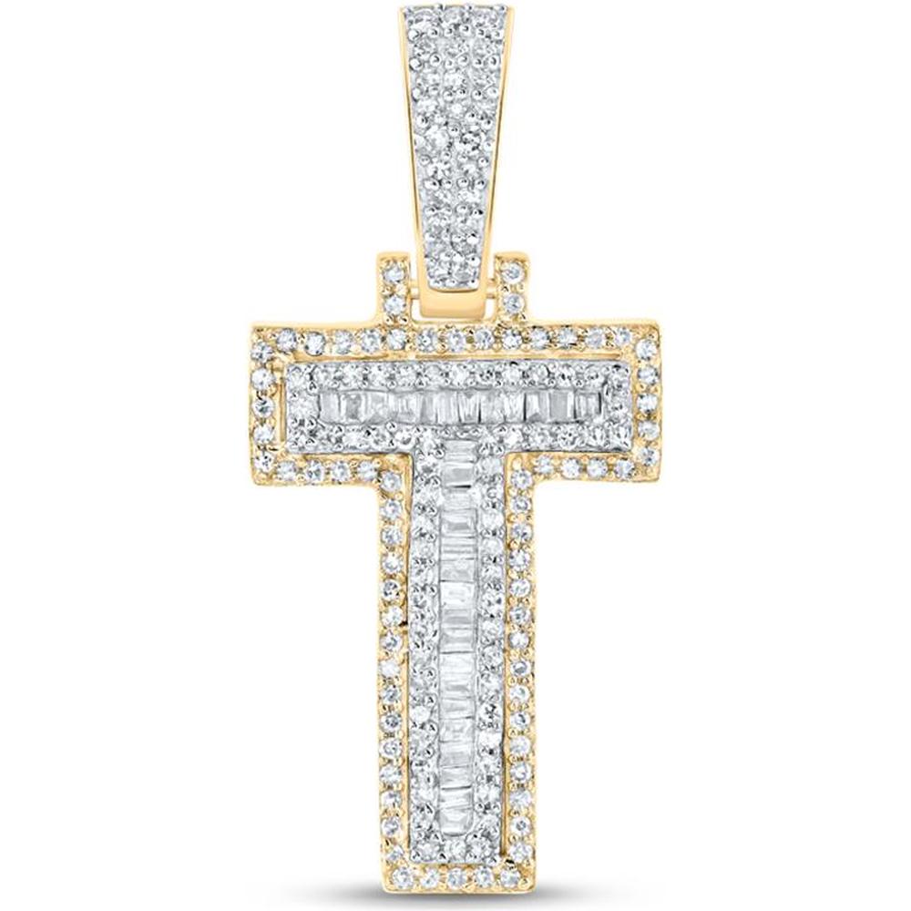10K Yellow Gold Baguette and Round Diamond "T" Initial Charm Pendant - 3/8 Carat Total Diamond Weight