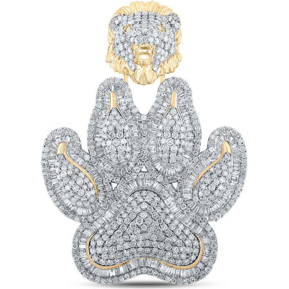10K Yellow Gold Baguette and Round Diamond Tiger Paw Face Charm Pendant - 6.62 Carat Total Diamond Weight