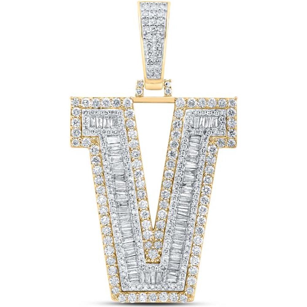 10K Yellow Gold Baguette and Round Diamond "V" Initial Charm Pendant - 2.75 Carat Total Diamond Weight