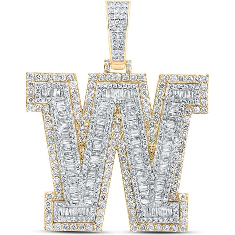 10K Yellow Gold Baguette and Round Diamond 'W' Initial Pendant - 4.62 Carat Total Diamond Weight