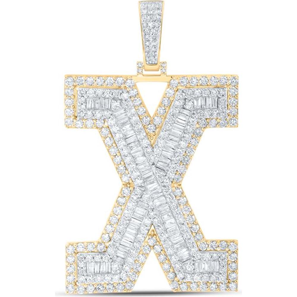 10K Yellow Gold Baguette and Round Diamond X Initial Letter Pendant - 4.88 Carat Total Carat Weight
