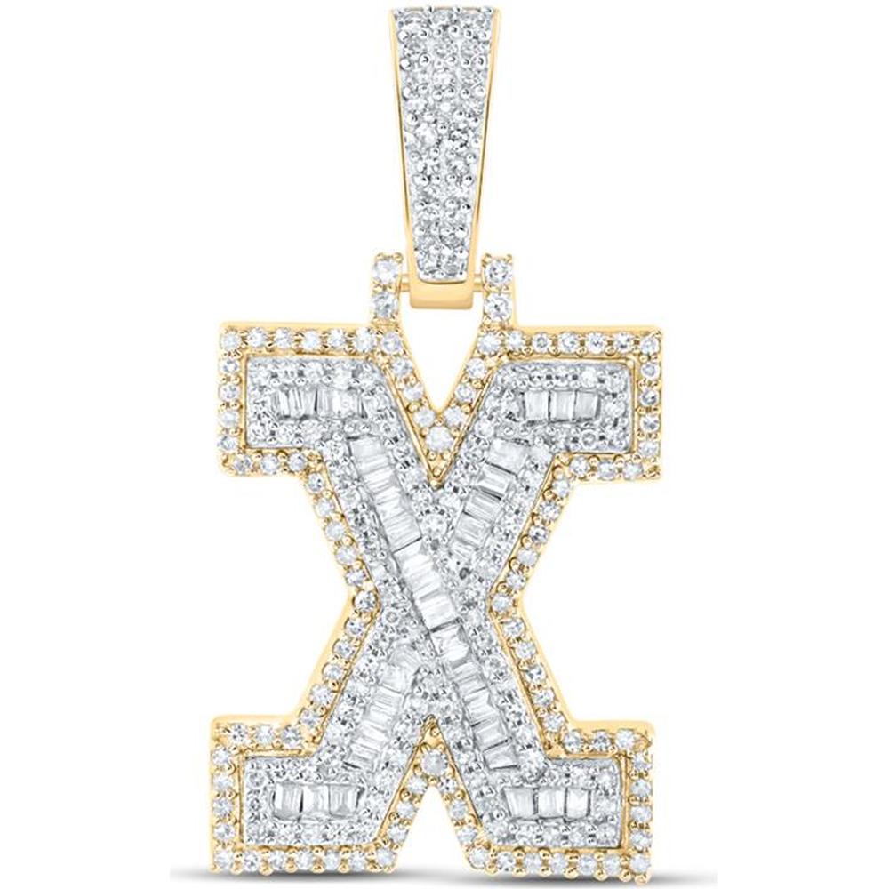 10K Yellow Gold Baguette and Round Diamond X Initial Letter Pendant - 5/8 Carat Total Diamond Weight