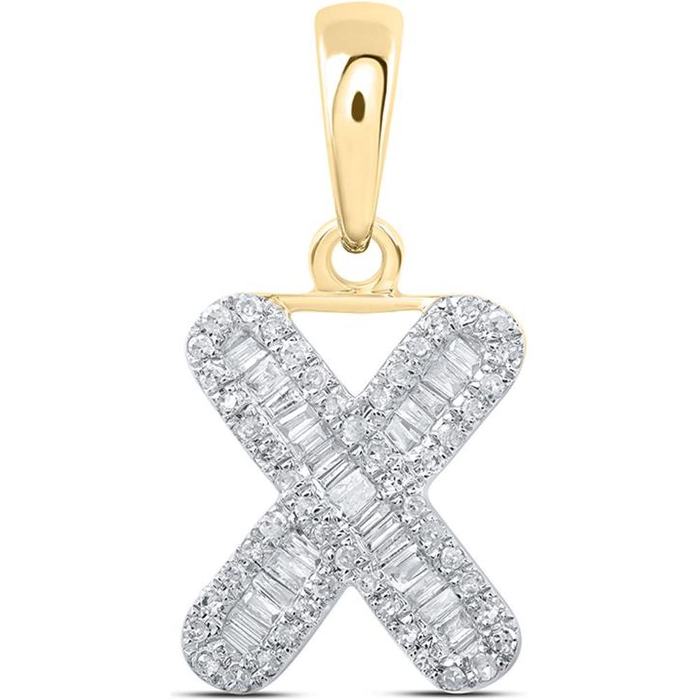 10K Yellow Gold Baguette and Round Diamond "X" Initial Pendant - 1/3 Carat Total Diamond Weight