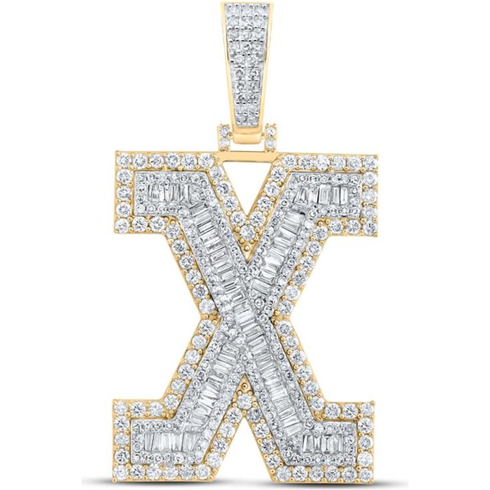 10K Yellow Gold Baguette and Round Diamond 'X' Initial Pendant - 3 Carat Total Weight