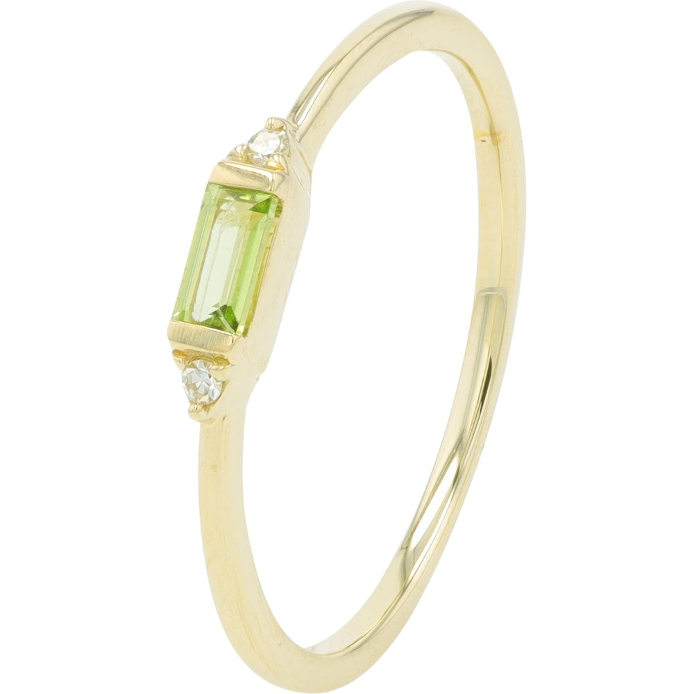 10K Yellow Gold Baguette-Cut Peridot Ring with Round Diamond Accents - 0.17 Carat Total Peridot Weight and 0.02 Carat Total Diamond Weight