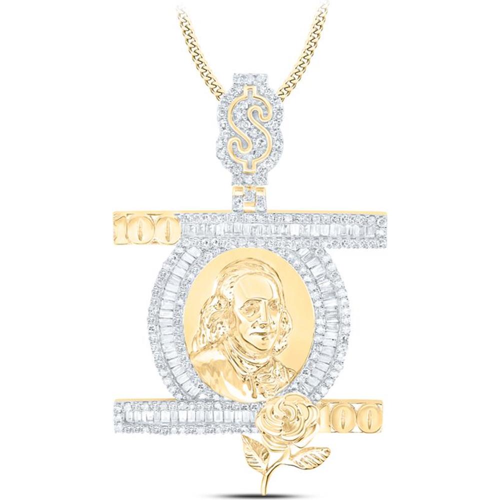 10K Yellow Gold Baguette Diamond 100 Dollar Ben Franklin Charm Pendant - 1.38 Carat Total Diamond Weight