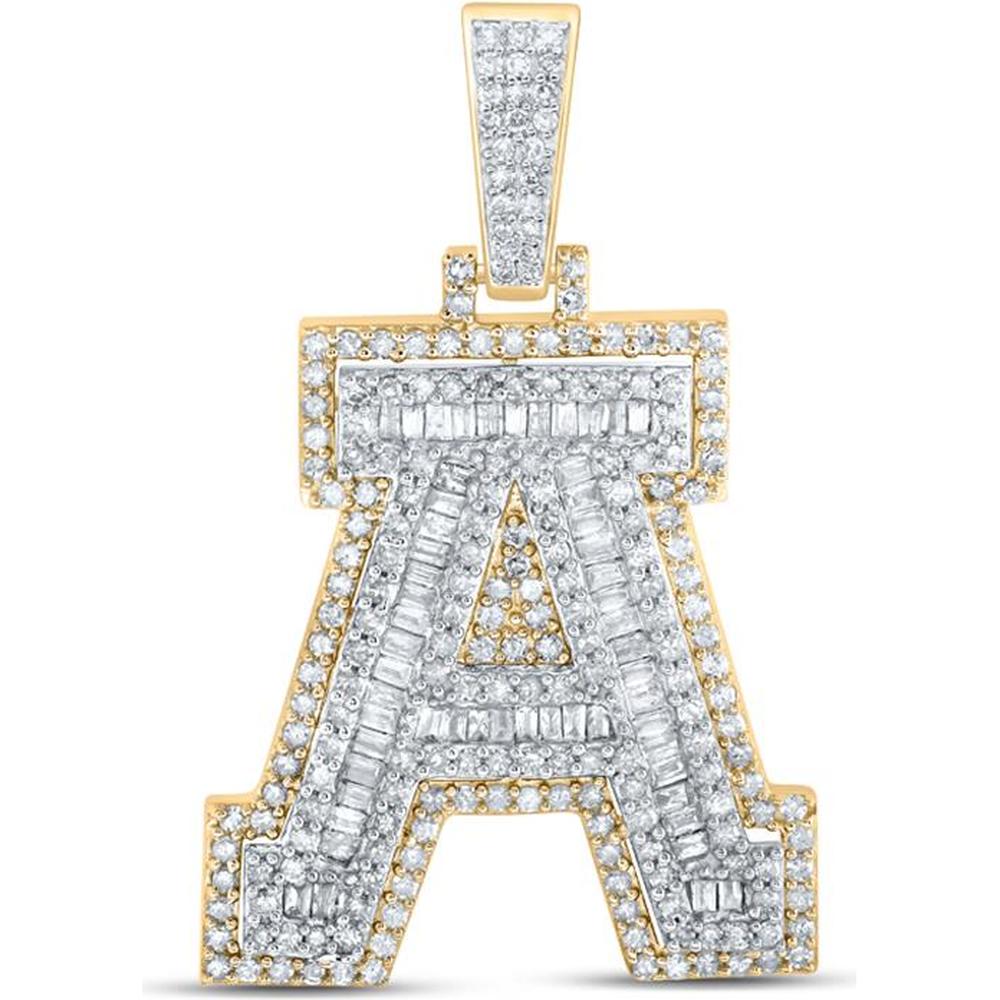 10K Yellow Gold Baguette Diamond A Initial Charm Pendant - 1.25 Carat Total Diamond Weight