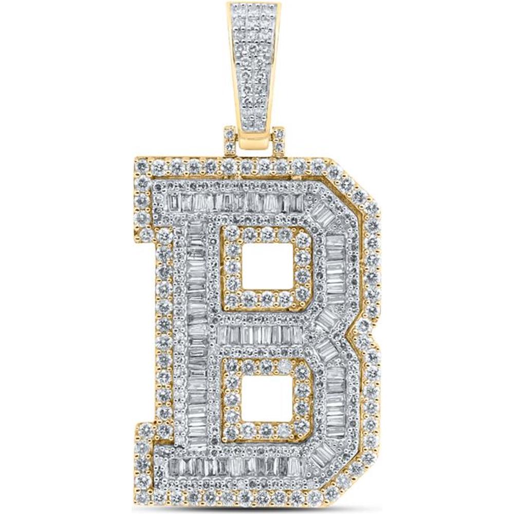 10K Yellow Gold Baguette Diamond B Initial Charm Pendant - 3.33 Carat Total Diamond Weight
