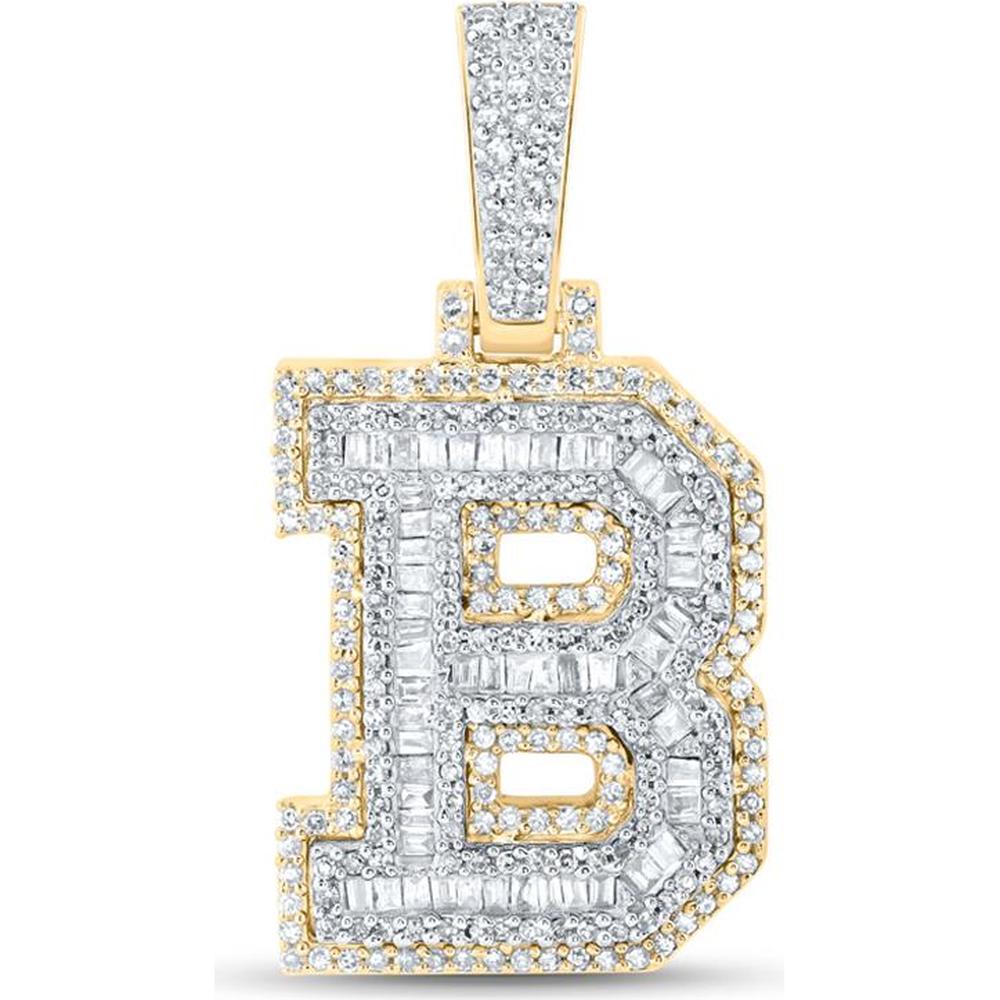 10K Yellow Gold Baguette Diamond B Initial Letter Pendant with Round Diamonds - 3/4 Carat Total Weight
