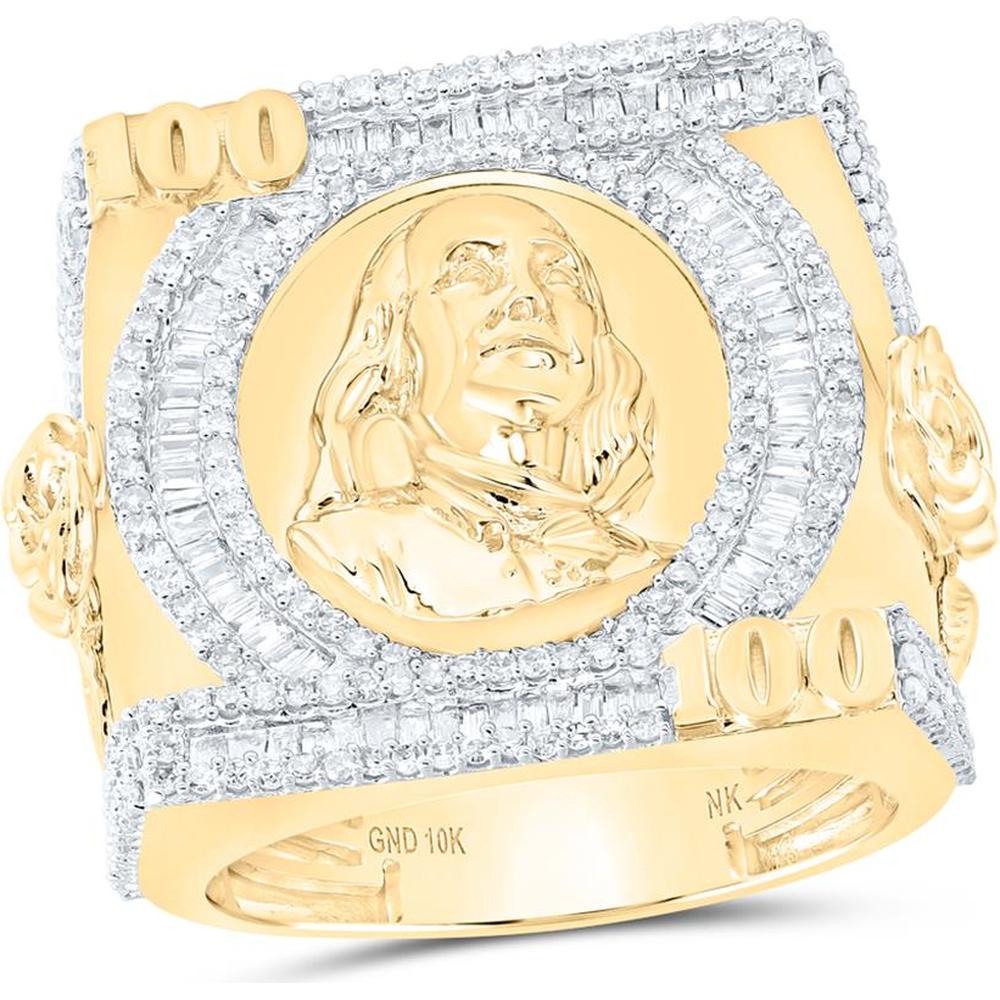 10K Yellow Gold Baguette Diamond Ben Franklin 100 Cluster Ring - 1.56 Carat Total Diamond Weight