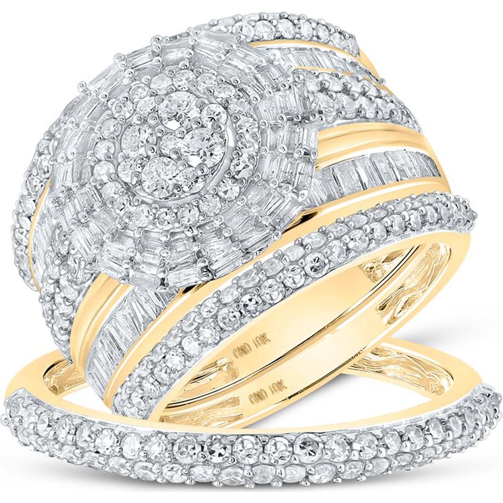 10K Yellow Gold Baguette Diamond Cluster Matching Wedding Ring Set - 2.33 Carat Total Diamond Weight