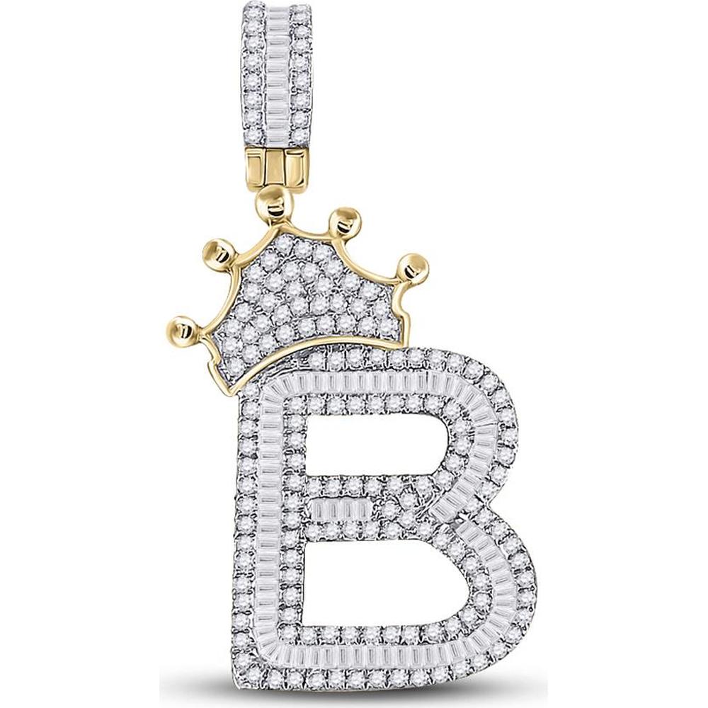 10K Yellow Gold Baguette Diamond Crown B Letter Charm Pendant - 1.0 Carat Total Diamond Weight