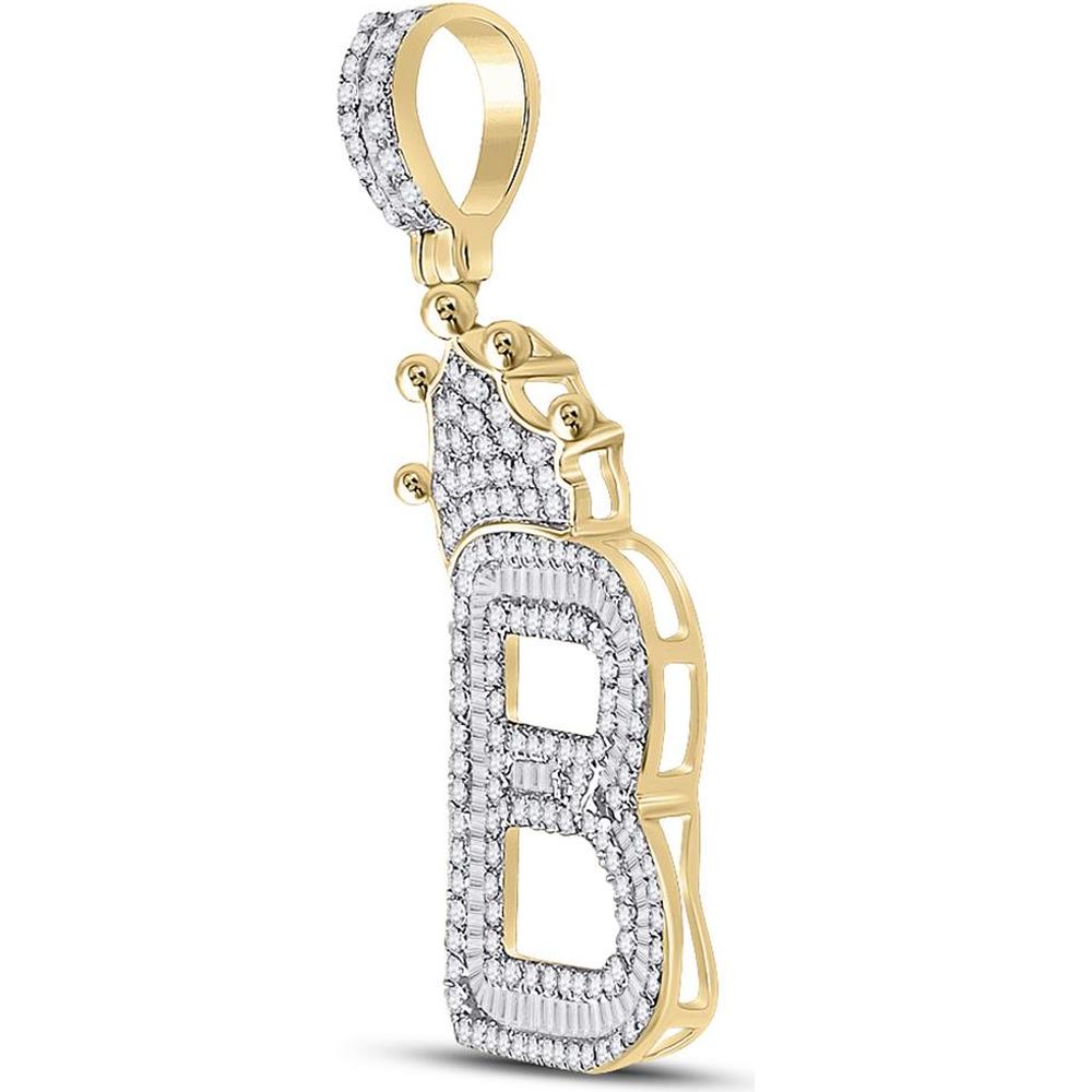 10K Yellow Gold Baguette Diamond Crown B Letter Charm Pendant - 1.0 Carat Total Diamond Weight