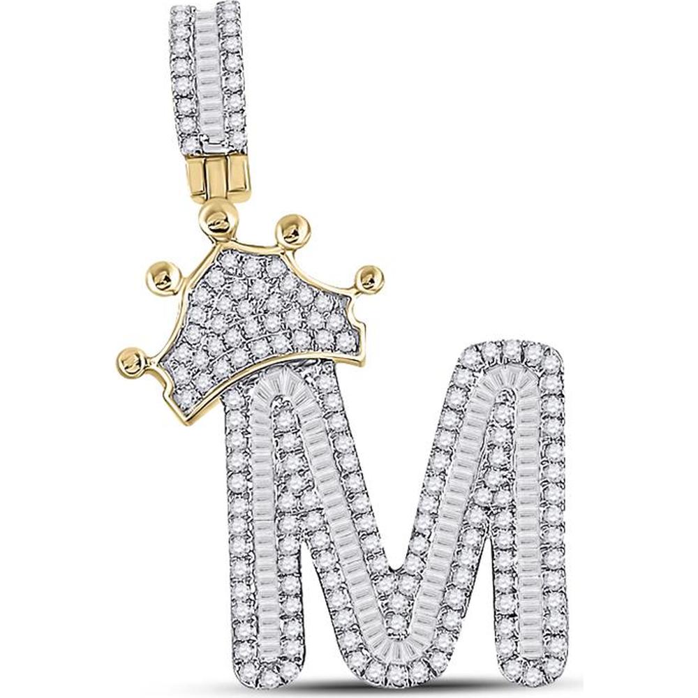 10K Yellow Gold Baguette Diamond Crown M Letter Charm Pendant - 7/8 Carat Total Diamond Weight