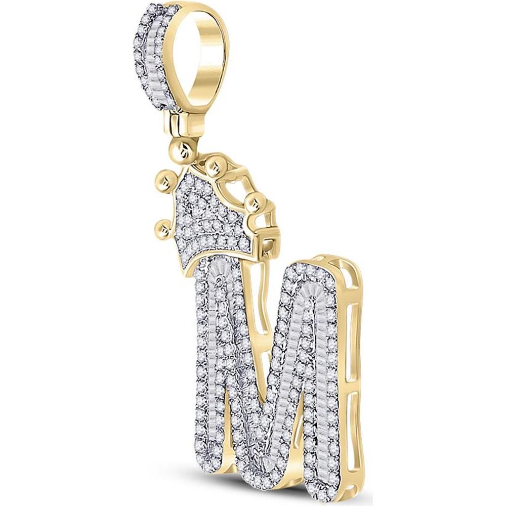 10K Yellow Gold Baguette Diamond Crown M Letter Charm Pendant - 7/8 Carat Total Diamond Weight