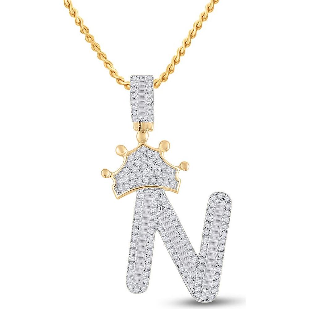 10K Yellow Gold Baguette Diamond Crown "N" Letter Pendant - 3/4 Carat Total Diamond Weight